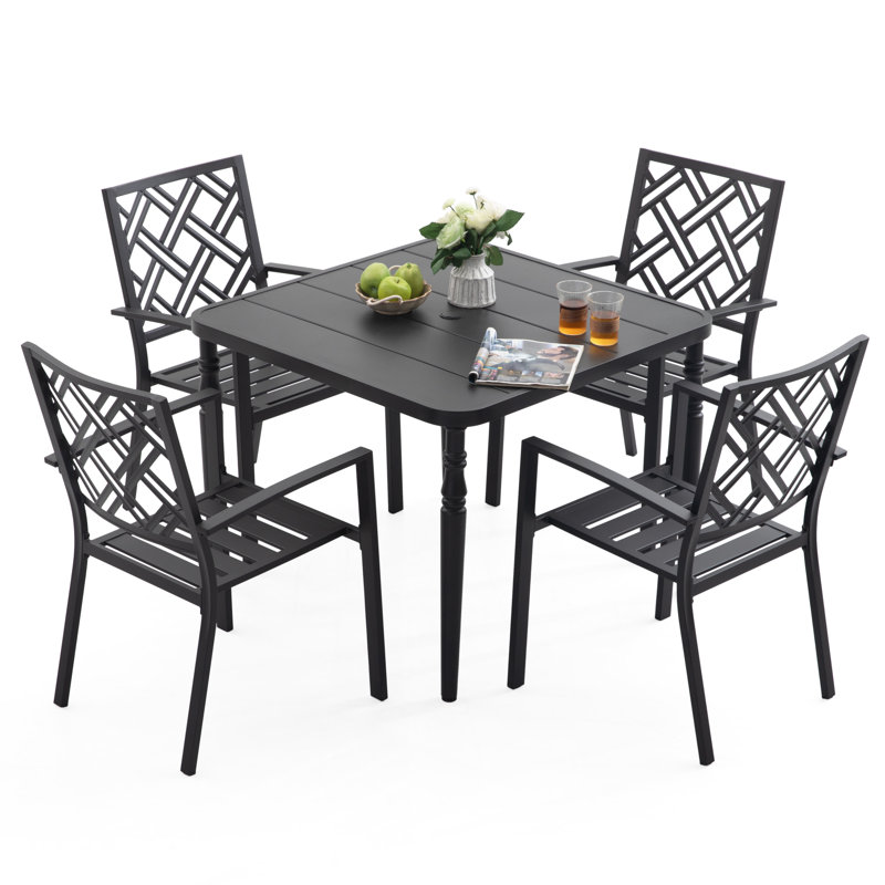 5-piece Metal Patio Dining Set With Umbrella Hole And 4 Stackable Chairs