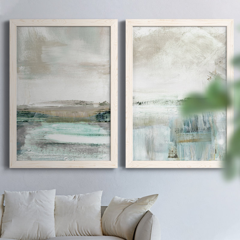 Summer Teal I - ensemble de 2 peintures sur toile encadrées, H 44 po x l 31 po x P 1 po, Encadrement beige