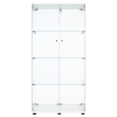 Armoire vitrée à DEL à 4 tablettes, 12 choix de couleurs, télécommande, 65,65H x 32,43L 14,2W, à piles, verre trempé, poteaux en bois massif à deux portes avec DEL, options, panneaux de couverture
