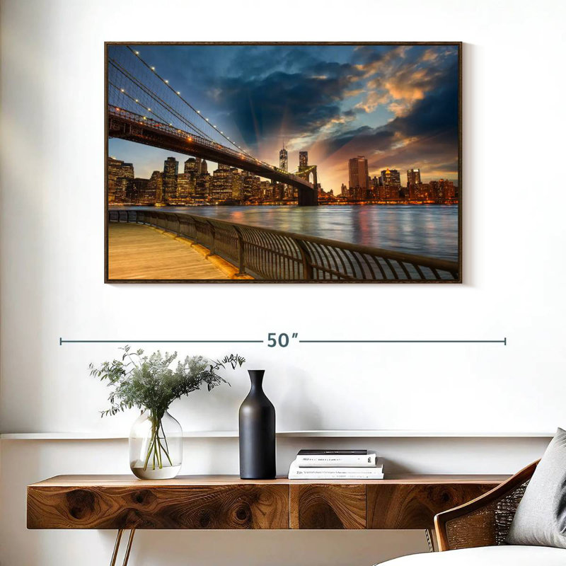 Soleil de Brooklyn Bridge, Cadre flottant noyer, 40 po x 27 po