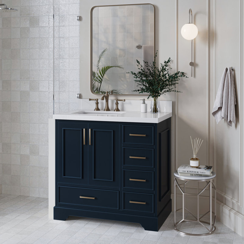 37'' Single Bathroom Vanity with White Quartz Top, Midnight Blue