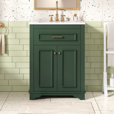 Meuble-lavabo 24 po avec lavabo en céramique intégré, armoire de salle de bain avec 2 portes, 1 tiroir basculant, meuble-lavabo simple pour petite et moyenne salle de bain, vert