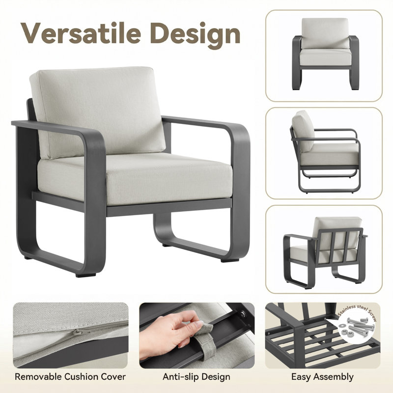 Outdoor Aluminum Club Chair With Cushions, Light Gray Cushion/Black Frame