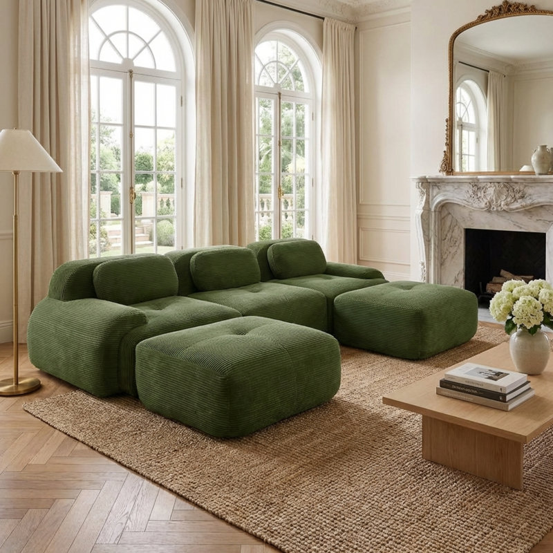 Canapé d'angle modulaire en velours côtelé en forme de U de 295 cm (116 po), avec assises profondes, mousse 32D et sans assemblage, vert olive