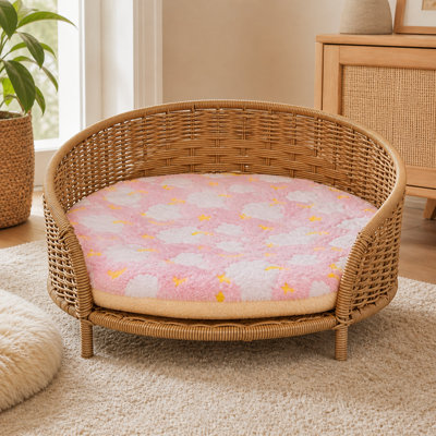 Chaise de lit pour chat en rotin surélevée tissée à la main, canapé-lit rond en osier respirant pour petits chiens et chats, niche ouverte toutes saisons pour animaux, kaki foncé