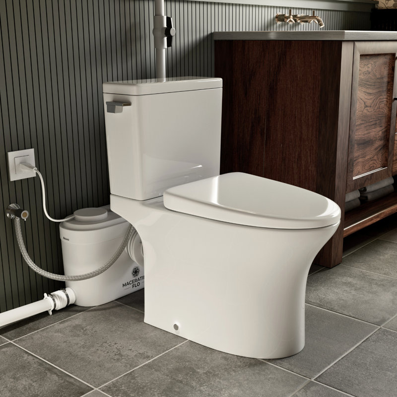 MaceratingFlo 750W Macerating Toilet System with Chair-Height Bowl, Two-Piece Upflush Toilet for Basement, 4 Inlets