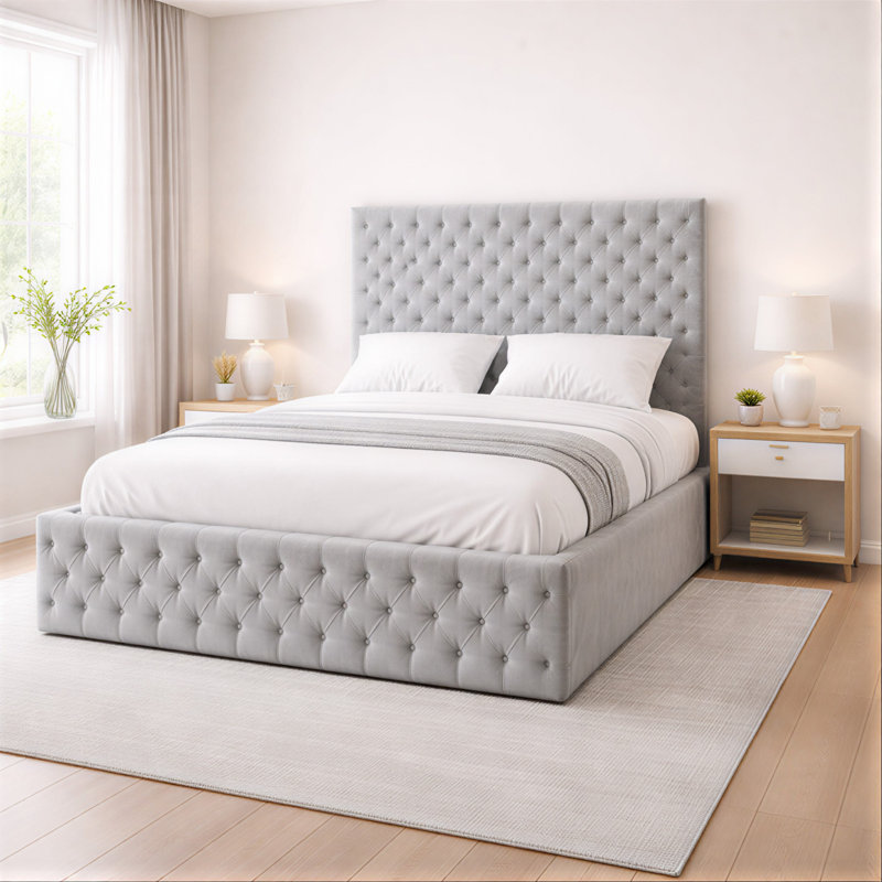 Upholstered Bed, Silver, Double