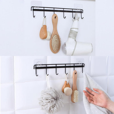 2Pcs Kitchen Utility Hooks,Wall Mount Kitchen Utensil Rack With 6 Hooks,Wall Mounted Rail,No Drilling Utensil Holder,Space Saving Kitchen Wall Hooks For Kitchen Bathroom.. (Black)