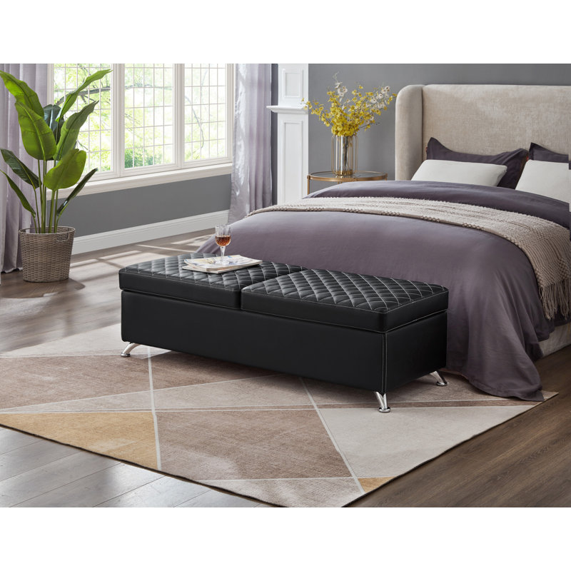 Banc de lit 56,7 po avec rangement en cuir noir, Noir, noir, noir, noir
