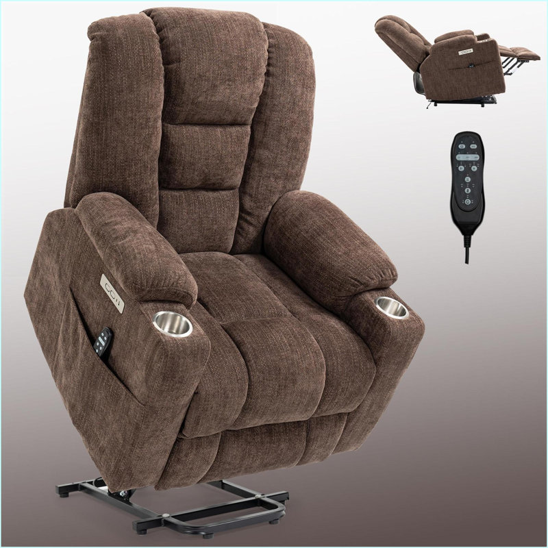 Recliners Power Lift with Massage &amp; Heat, Overstuffed Wide Chair with USB/Type C Ports, 2 Steel Cup Holders | Walnut Brown | Chenille