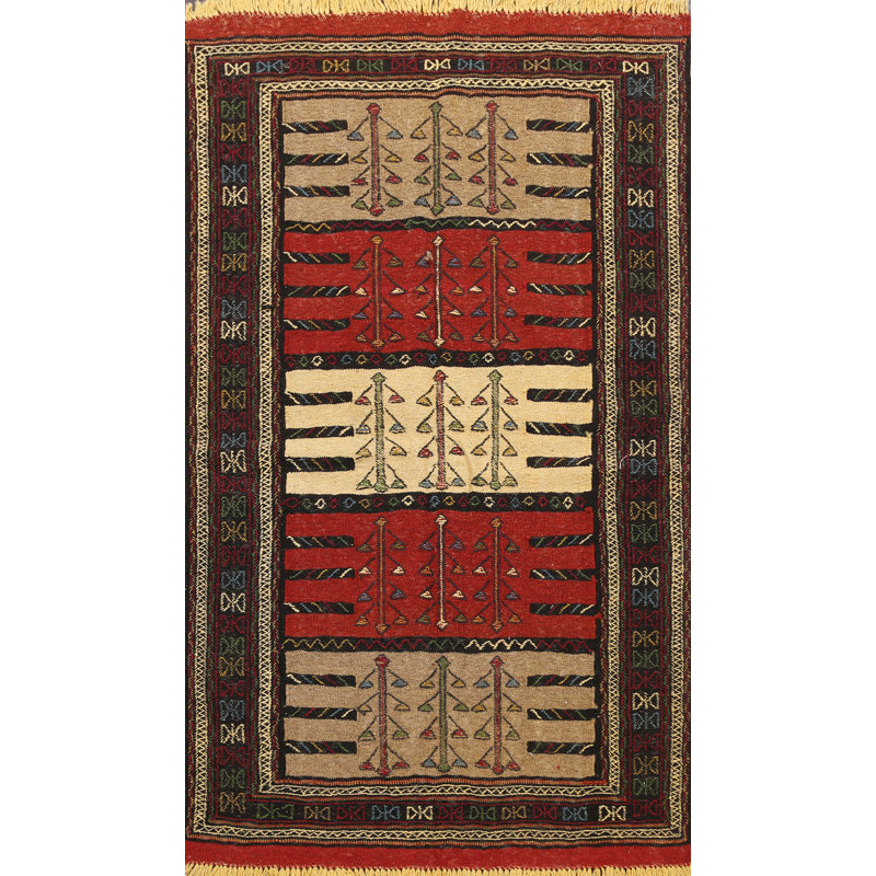 Tapis décoratif en laine de conception unique noué à la main New Age-rouge/beige/vert 3 pi 9 po x 5 pi 7 po