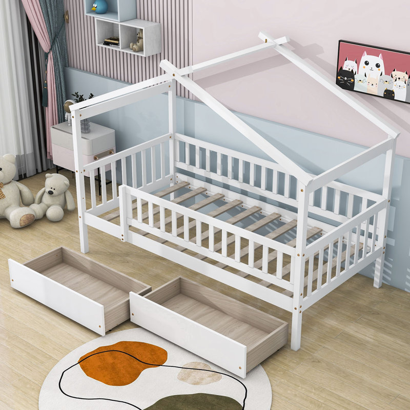 Saffir Wooden House Daybed with Two Drawers and Legs, White, Twin