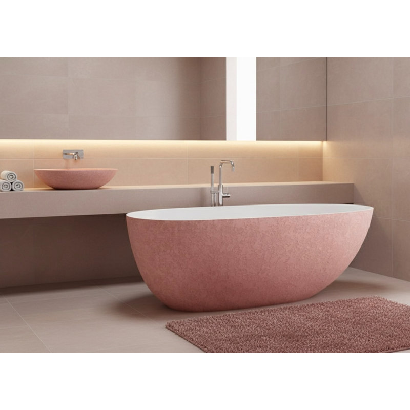 Vast Studio 62.8” x 30.3” Textured Blush Concrete Metallic Freestanding Oval Bathtub – Blush/White Deep Soaking Tub with Dual-Tone Interior & Exterior, Sculpted Modern Luxury Finish