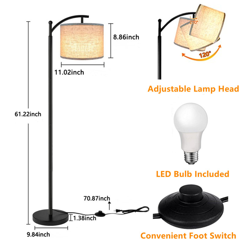 Lampe sur pied arquée 61 ", Noir, Gris / Beige