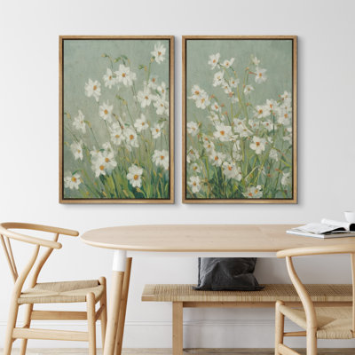Soft White Floral Meadow in Green Tones Wall Art Decor Framed On Canvas 2 Pieces Print