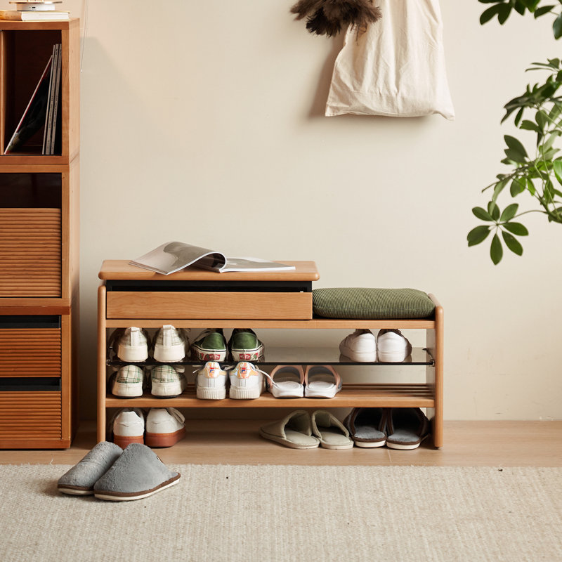 Vintage Cherry Wood Entryway Bench with Cushioned Seat, Storage Drawer and Open Shelves for Shoe Organization
