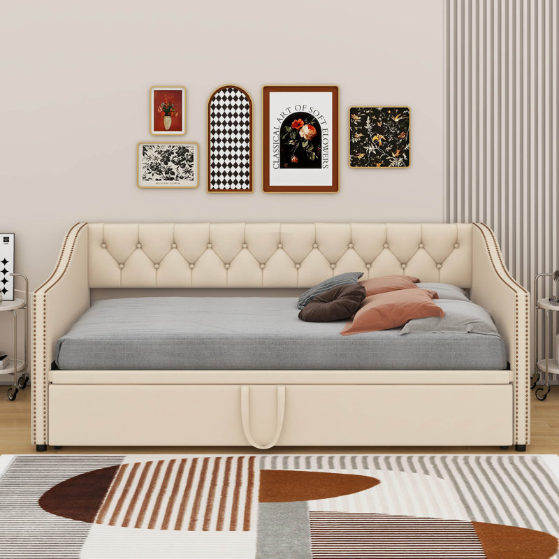 Twin Size Upholstered Daybed With Pop Up Trundle, Beige