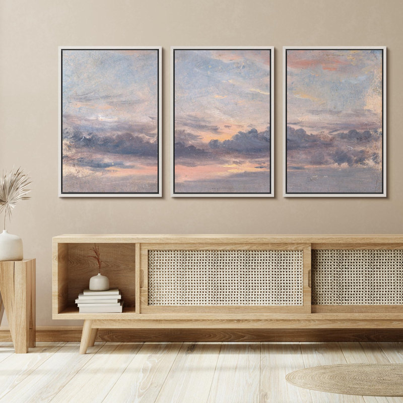 " Sunset Ambiance Tranquil Evening Sky Nature Landscape Illustrations Modern Art Decor Rustic " 3 - Pieces, White