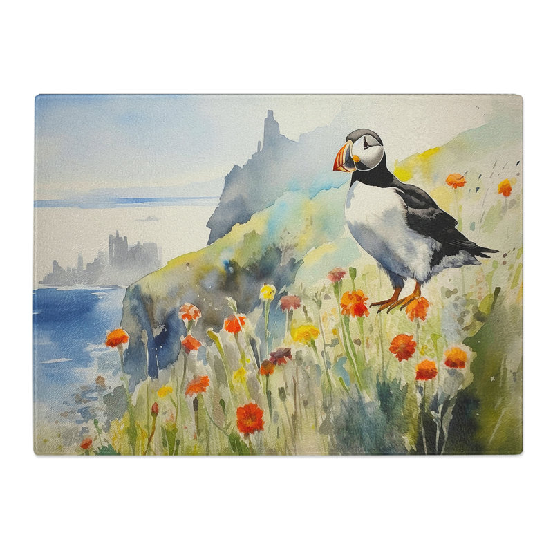 Puffin Watercolour No.2  Glass Chopping Board