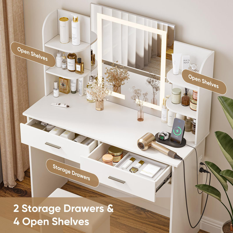 Smart Makeup Vanity Desk with USB Charging, 3-Level LED Lighting
