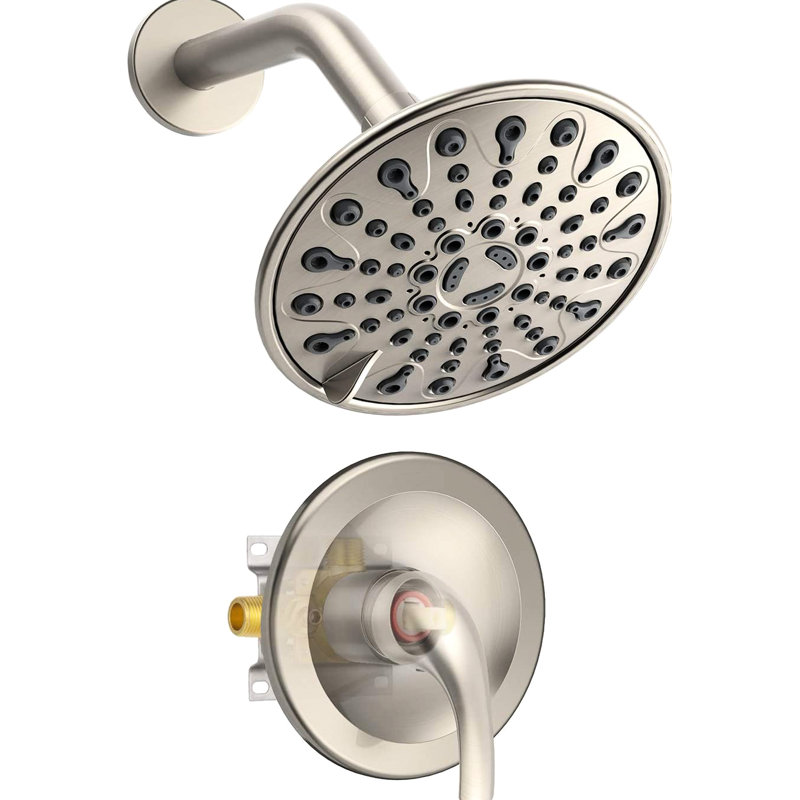 Pomme de douche à une poignée à 6 jets avec installation murale, valve brute incluse, joint réglable à 360 °, trous, levier pour le réglage de la température, fabrication en plastique nickel brossé
