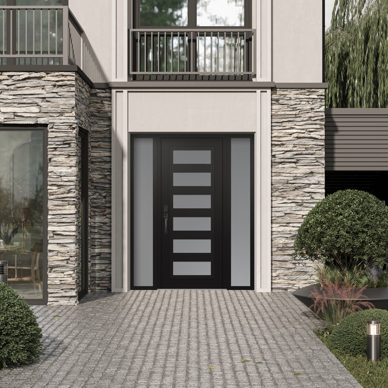 C9 60 po à droite X 80 po Panneau en acier noir et verre givré noir et blanc avec 2 portes d'entrée en verre givré prémontées