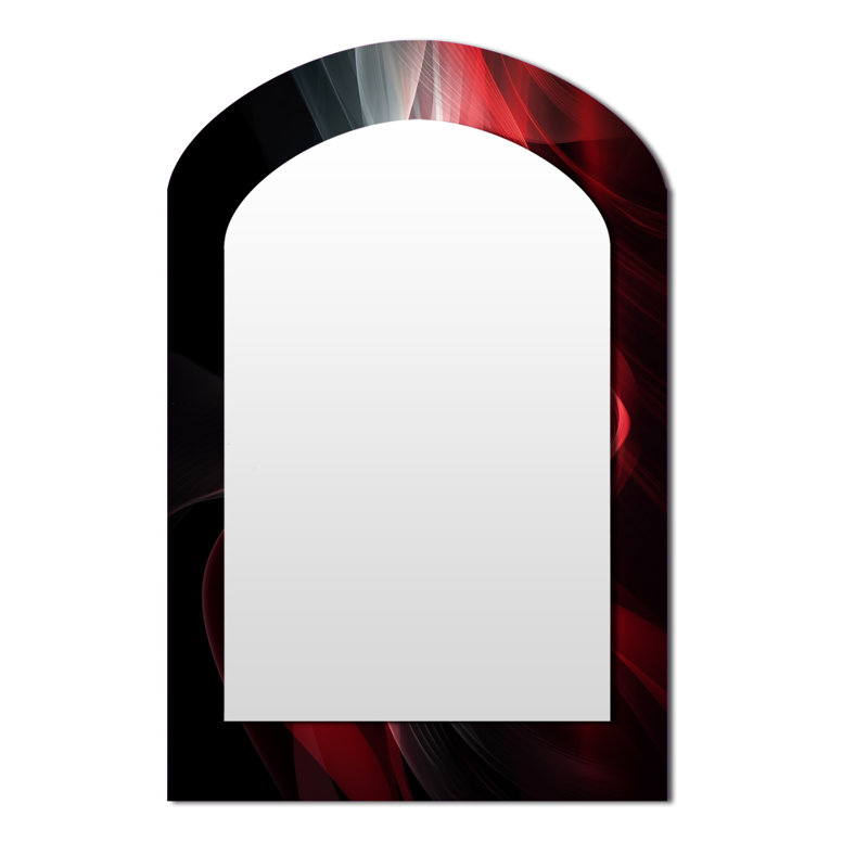 Red Black Contemplative Abstraction VI - Waves Arch Mirror, Red Asymmetrical Decorative Wall Mirror, Printed Metal Art