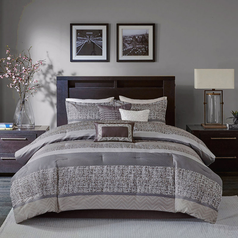 Ensemble d'édredon 7 pièces jacquard gris / taupe grand, Gris/taupe, Édredon de grande taille et 6 pièces supplément