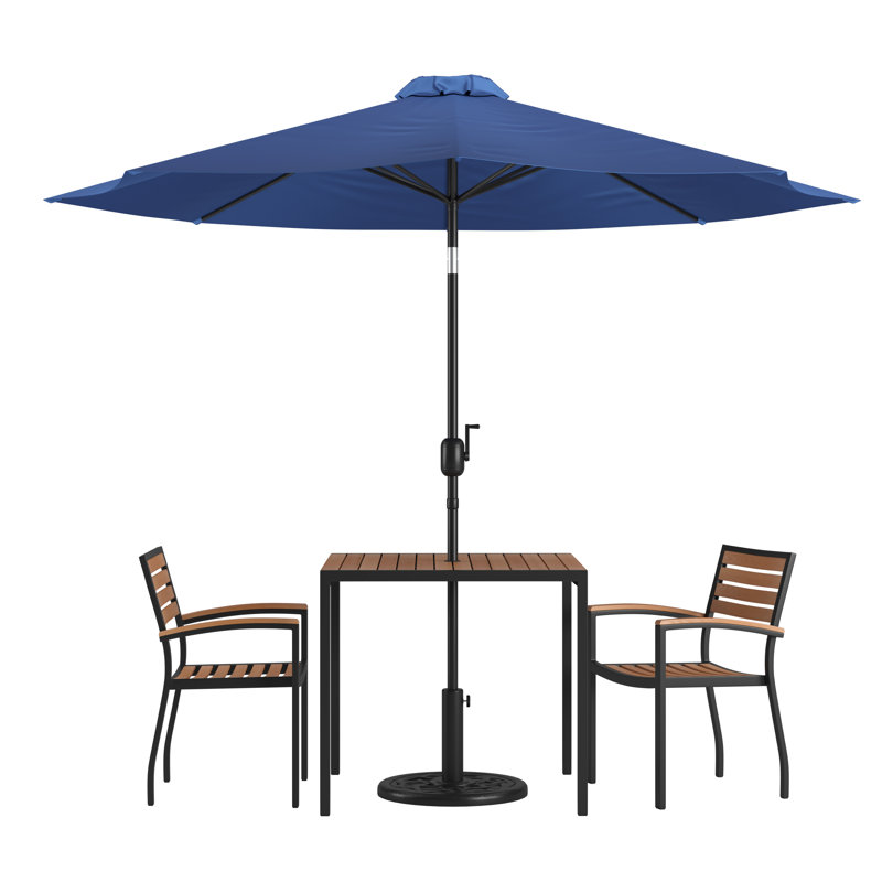 Abdul-Hadi 35" Square Faux Teak Patio Table, 2 Chairs and 9FT Patio Umbrella with Base, Navy Umbrella