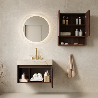 Ensemble meuble-lavabo suspendu EIDEN 76 cm + TOBI 66 cm, avec rangement intégré, comptoir en pierre frittée couleur crème veinée or, lavabo en céramique, 3 trous pré-percés pour robinetterie, robinetterie et bonde non inclus, coloris noyer.