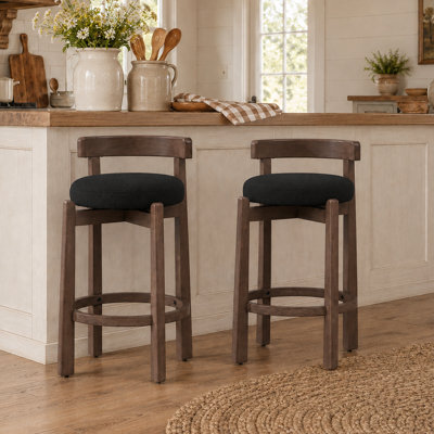 Ensemble de 2 tabourets de bar pivotants de style Mid-Century avec dossier incurvé et siège de 26 pouces de hauteur avec cadre en bois massif, coussin en lin et repose-pieds pour îlot de cuisine