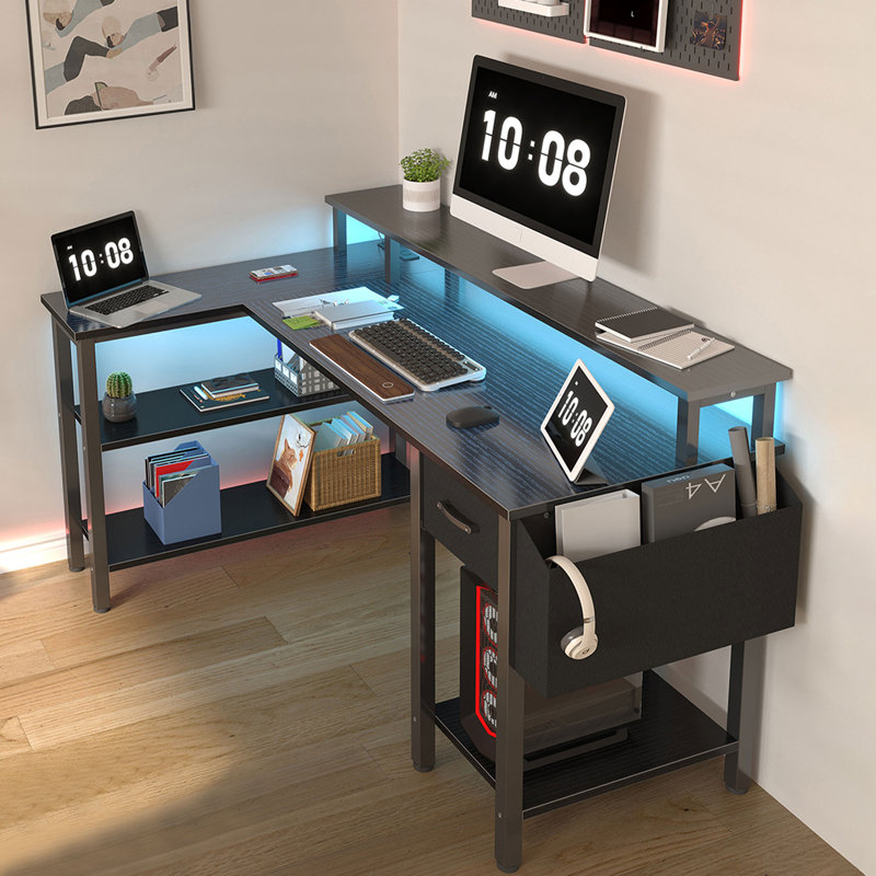 Computer Desk with Monitor Stand, Gaming Desk with LED Lights & Power Outlets, Black