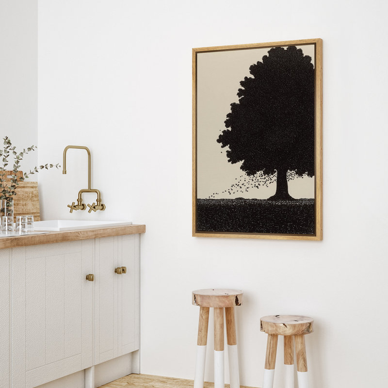 «Minimalist Black Tree Silhouette Abstract Dot Art Neutral Modern Landscape», reproduction d'art sur toile encadrée dans la chambre principale