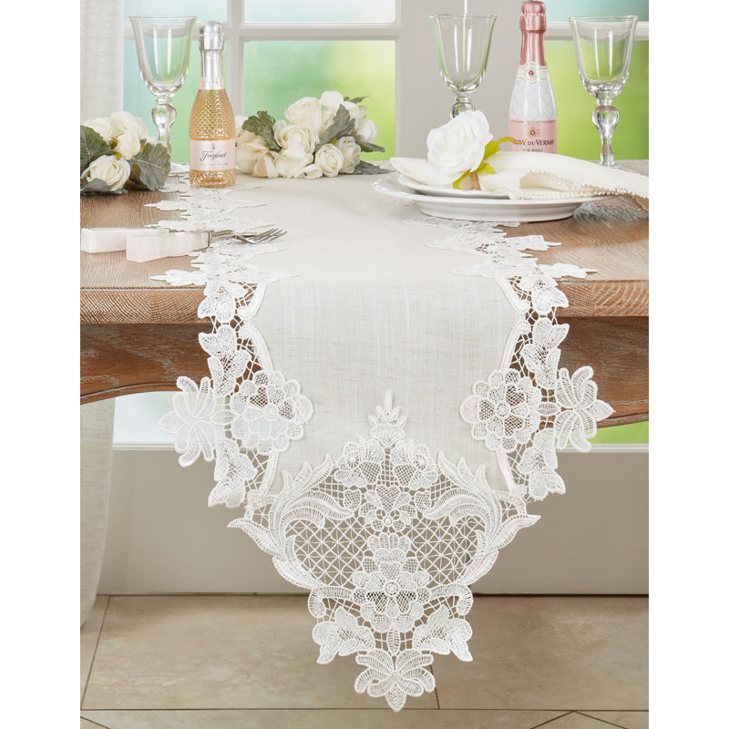 Beige Polyester Table Runner with Lace Border, 58" x 13"