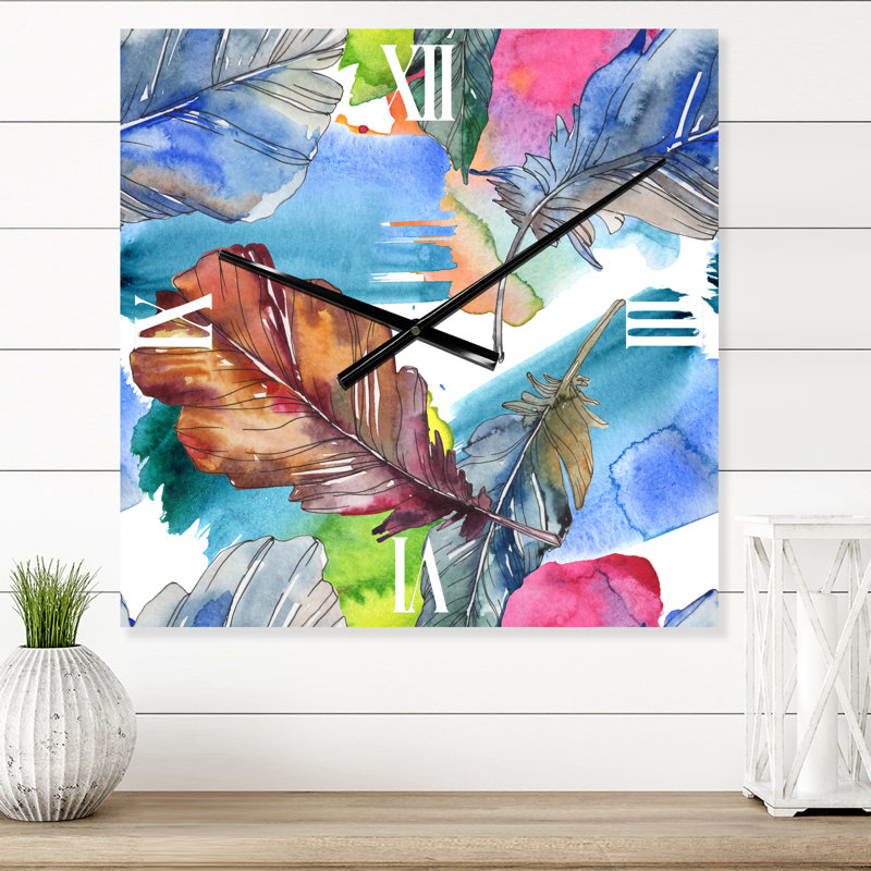 Plume d'oiseau en bleu et rose - Horloge murale traditionnelle, Très grand