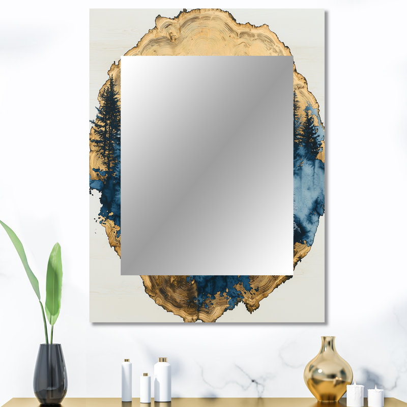 Golden Wolf In Blue Forest Landscape II - miroir décoratif loup, miroir mural bleu, impression sur métal, 40 po x 30 po