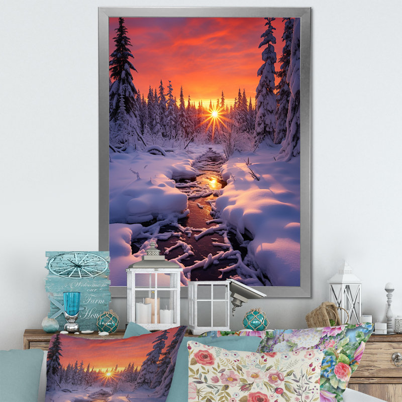 Rose et jaune en hiver lever de soleil III - paysage d'hiver, Cadre simple argenté, H 32 po x l 16 po x P 1 po