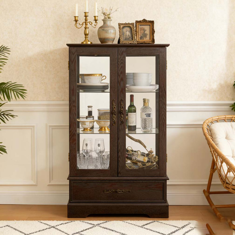 Vitrine lumineuse en verre avec tablettes réglables, Cerisier