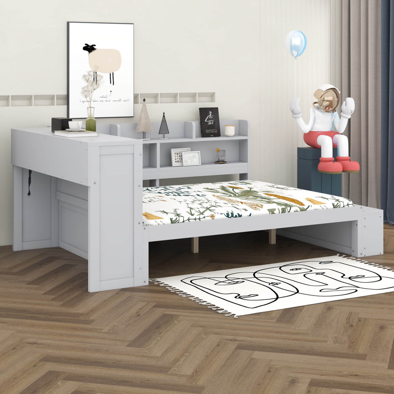 Structure de lit double en angle, lit de jour en L en bois avec armoires de rangement, armoire à chaussures, Grey