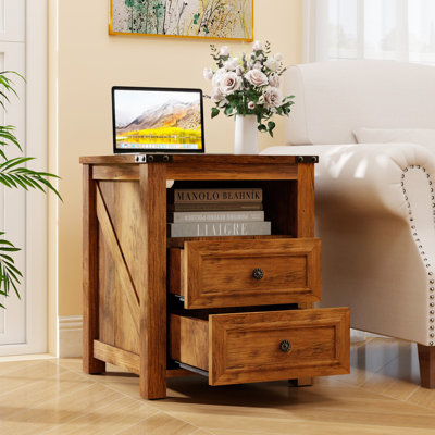 Rustic 18-Inch Nightstand With Charging Station, 2 Storage Drawers & Open Shelf