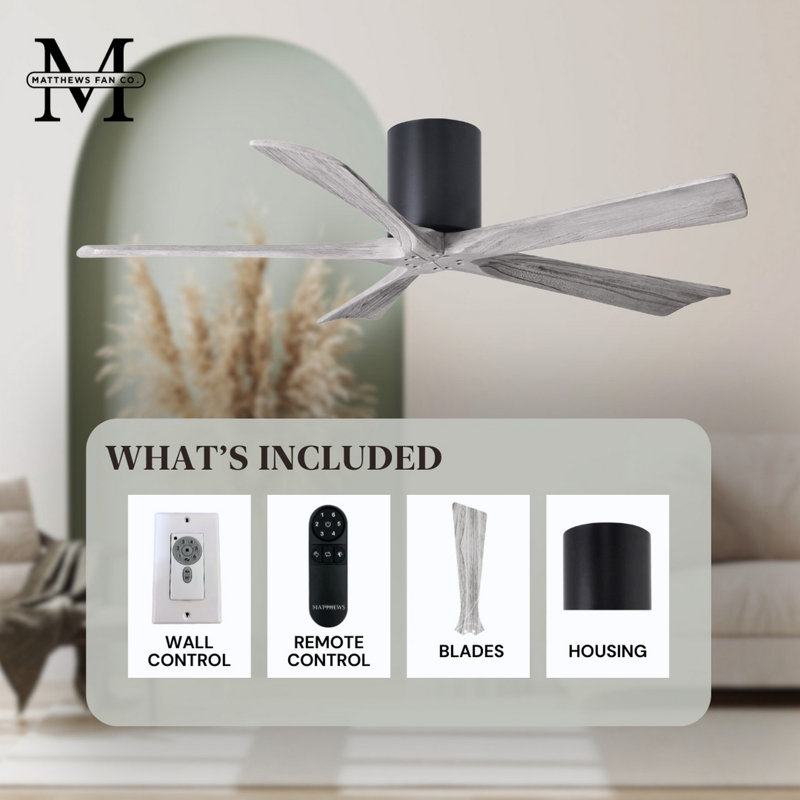 60" Irene 5-Blade Hugger Ceiling Fan with Wall Remote, 42", Matte Black, Barn Wood Tone