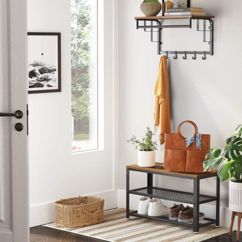 Coat Rack, Coat Stand With 3 Shelves, Hall Tree Free Standing With Hooks For Scarves, Bags, Umbrellas, Steel Frame, Industrial Style, For Entryway, Living Room, Rustic Brown And Black ULCR80X