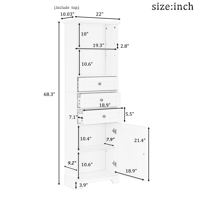 White Tall Bathroom Storage Cabinet with Adjustable Shelves and Drawers