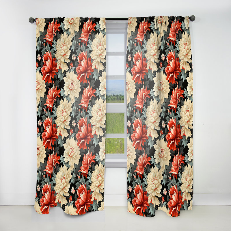 Luxueux fleurs rouge et beige damas - Rideau damassé - Rideau damas obscurcissant - 1 panneaux, L 52 po x L 84 po