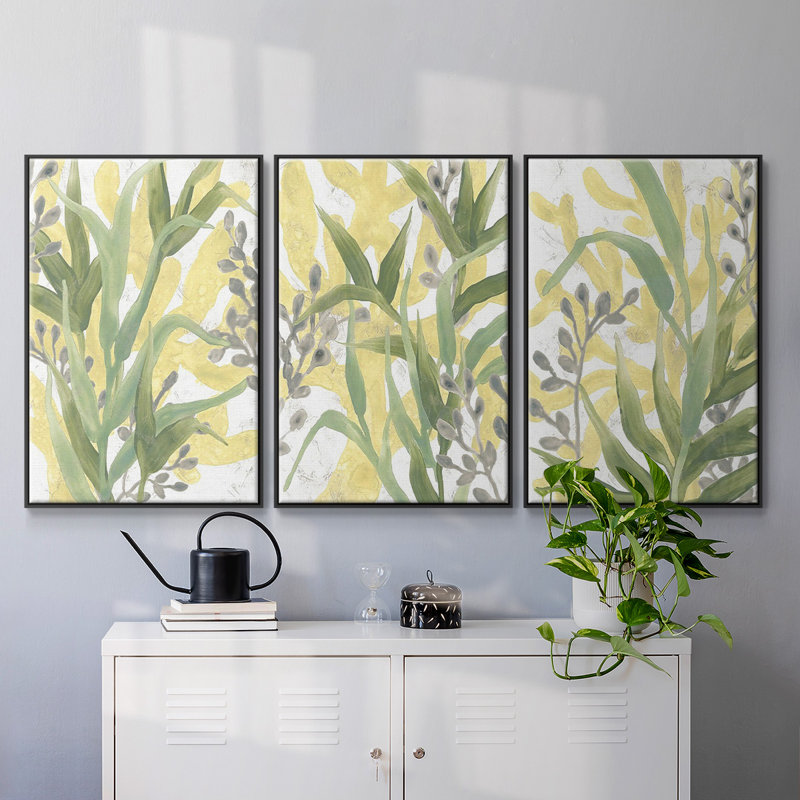 Sea Grass Fresco I, reproduction encadrée sur toile 3 pièces, H 36 po x l 72 po x P 2 po, Cadre noir