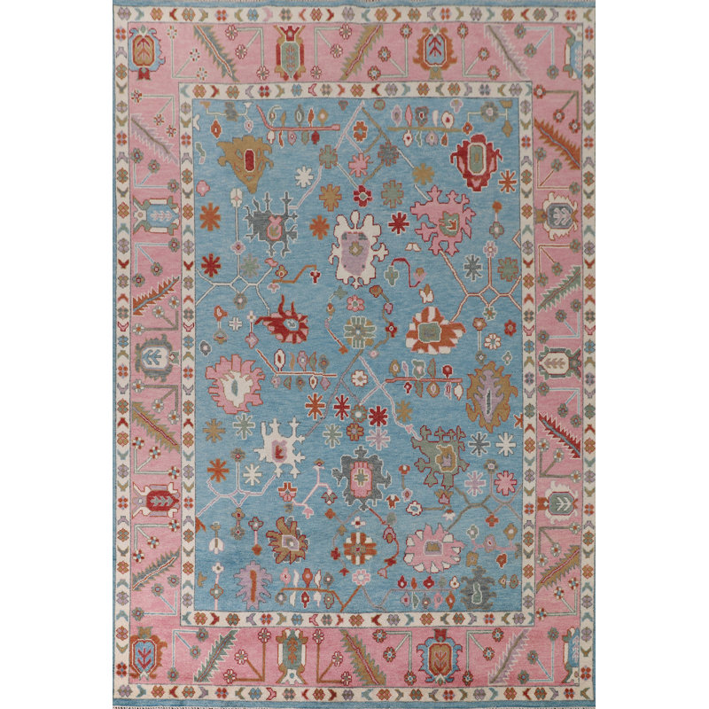 Tapis oriental bleu clair et rose Oushak 9 x 12