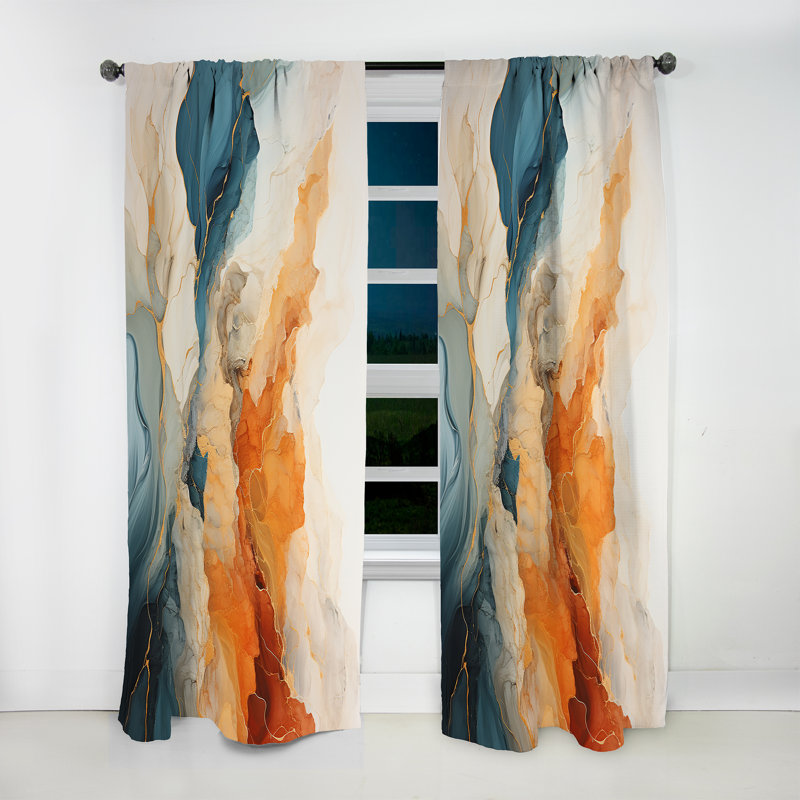 Abstract Orange And Blue River Ink - Modern Velvet Curtain - Room Darkening - 1 panel, 52" W x 84" L
