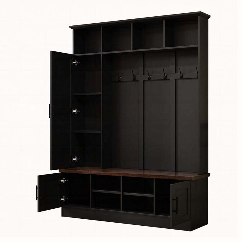 55"Wide Hall Tree with 6 Hooks, Farmhouse Walnut Storage Bench with Adjustable Shelves