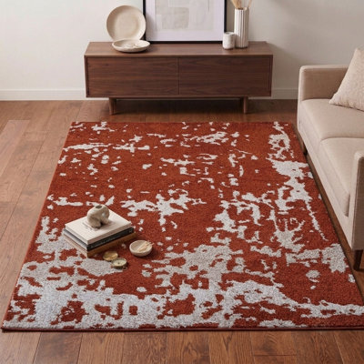 Tapis d'intérieur rectangulaire en soie noué à la main, motif abstrait rouge et beige