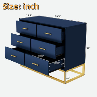 Commode moderne à 6 tiroirs, poignées dorées et élégant piètement en métal